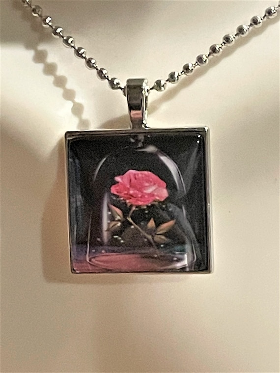 Pink Rose Necklace , Flower Pendant Necklace , Gla