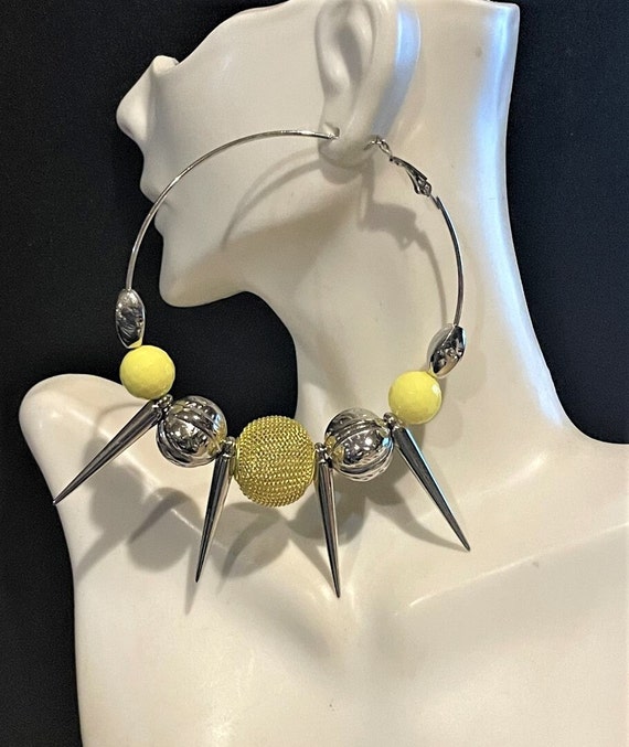 Oversized  Yellow Metal Hoop Spike Earrings , Spi… - image 1