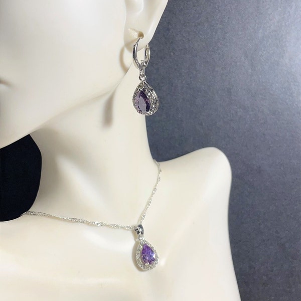 Purple Pear Shaped CZ Set , Purple Pendant Necklace & Huggie Hoop Earrings Set ,CZ Jewelry Set , Sterling Silver