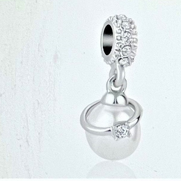 White Pearl Wedding Ring Dangle Charm fits Pandora Bracelets , White Pearl Engagement Ring CZ Dangle , Wedding Charm ,  S925