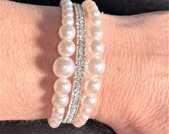 Pearl and Rhinestone Cuff Bracelet, adjustable Bracelet , Bridal Pearl and Rhinestone adjustable Bangle Bracelet , One size fits Most