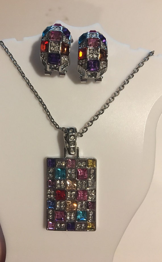 Austrian Crystal Multi Colored Rectangle Necklace 