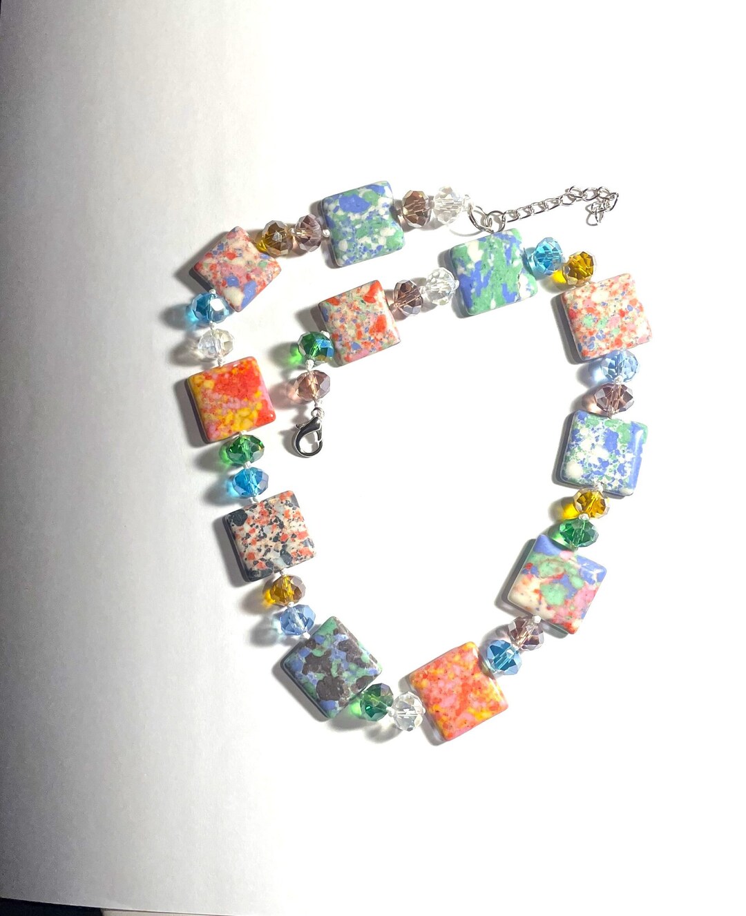 Glass Squares Tiles Necklace , Murano Multi Color Beaded Glass Necklace