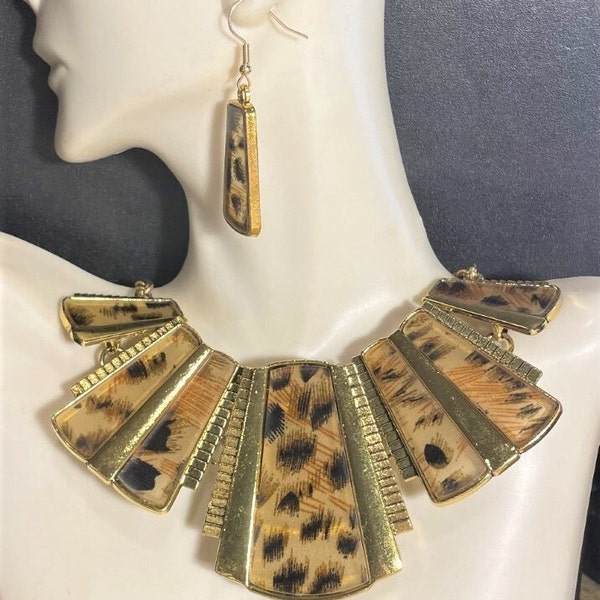 Wide Leopard Print Bib Statement necklace and Earrings Set , Animal Print Jewelry Set