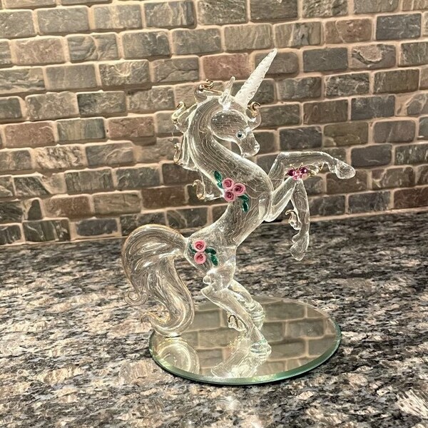 Vintage Glass Baron Hand Blown Unicorn Sculpture Figurine , Swarovski Crystals , Pink Flowers , 22K Gold , 7 inch , lot S7 554 , 2002