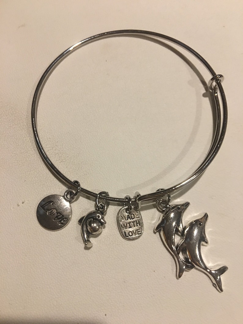 Dolphins Bangle Bracelet Silver Charm Adjustable Bracelet Etsy