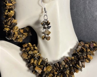 Chunky Wide Brown Tiger Eye Beaded Statement Jewelry Set , Necklace ,Stretch Bracelet & Earrings Set , Gemstone Collar , Gemstone Choker