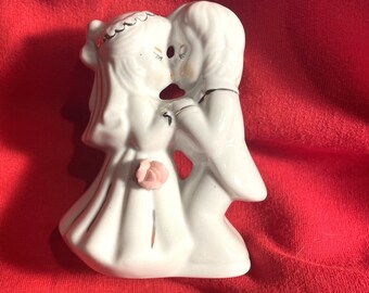 Vintage Ceramic Wedding Cake Topper, Kissing Couple Cake Topper Centerpiece , Wedding , Anniversary , Shower