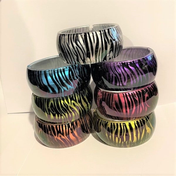 Wide Metallic Zebra Print Hinged Bracelet , Lucite Bangle cuff Bracelet , Retro Bracelet , cuff bangle , Boho Bracelet , Assorted Colors