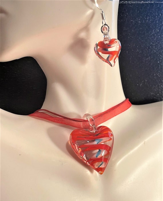 Murano Red Blue Swirl Glass Heart Pendant Necklace