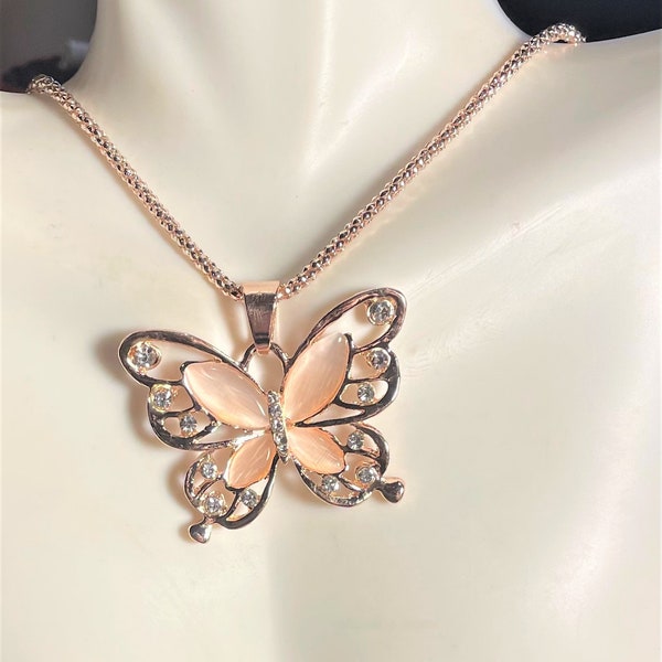 Golden Opulent Opal Butterfly Pendant Necklace , Crystals , Long Rose Gold Layered 28 " Necklace