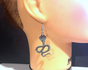 Antique Silver King Cobra Snake Dangle Earrings , Serpent Earrings , Snake Earrings , Reptile Earrings