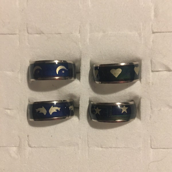 Color Changing Mood Ring Band/Stainless Steel/Peace Sign,Dolphins,Hearts,Stars,Moon/Assorted Sizes/Men/Women