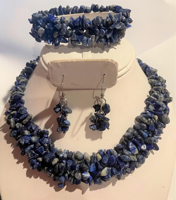 Chunky Beaded Lapis Lazuli 3 Pc Jewelry Set ,Neck… - image 2