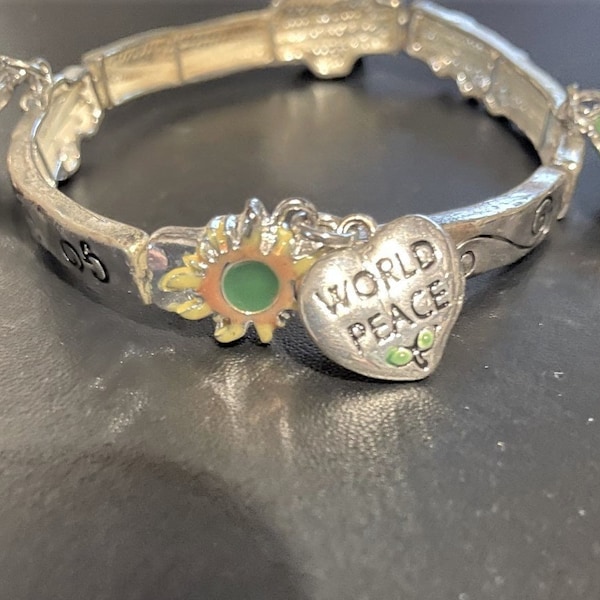 Silver Go Green Peace Sign Stretch Bracelet , World Peace Bracelet , Peace Sign Charm Bracelet , Heart , Tree , Ribbon Sign , Sunflower