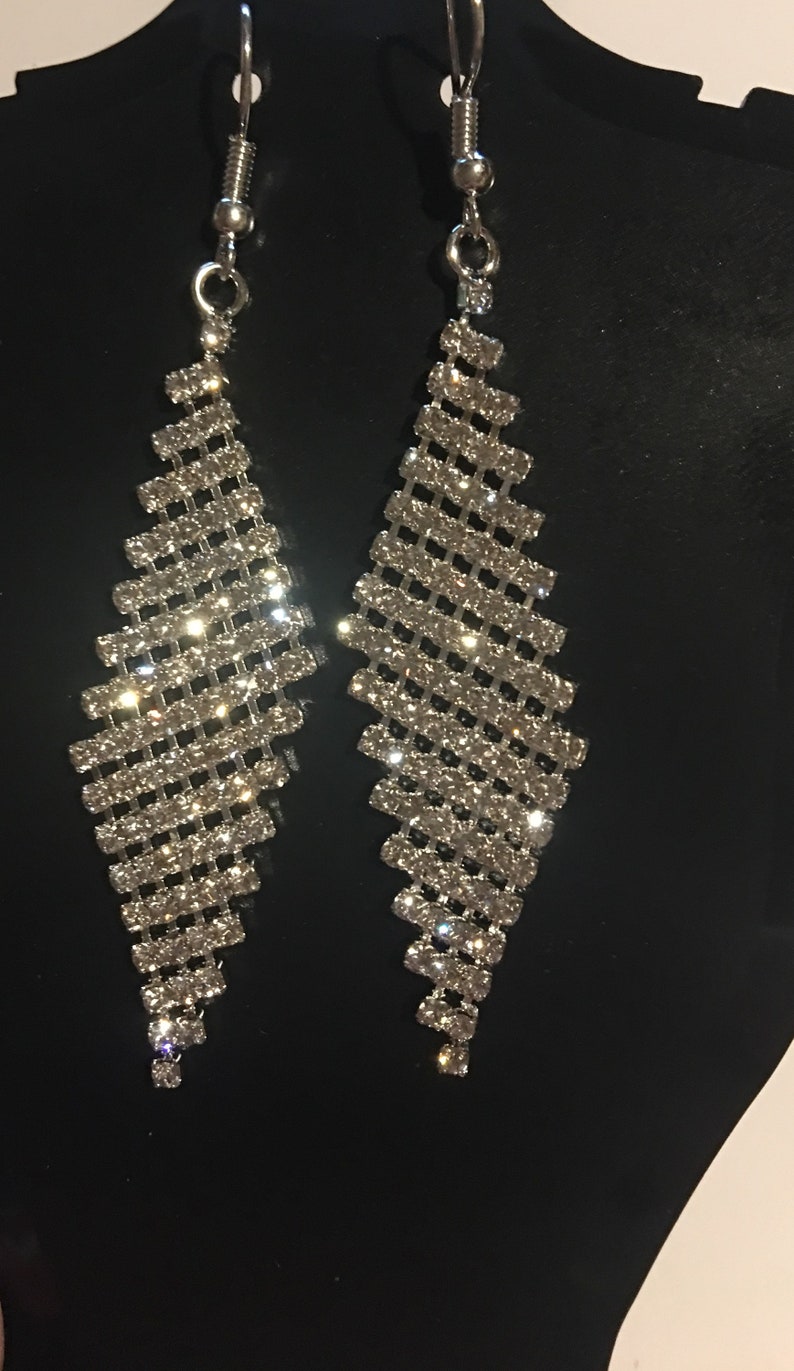 Swarovski Crystal Rhinestone Mesh Dangle Earrings , Mesh Statement Earrings , Bridesmaids Earrings , Silver Bild 5