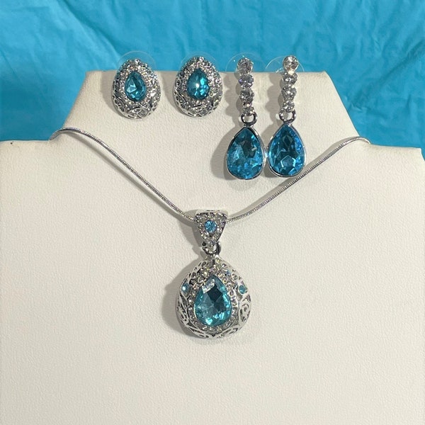 Swiss Blue Swarovski Crystal Pear Shape Necklace & Earrings Set , Silver , Choose style