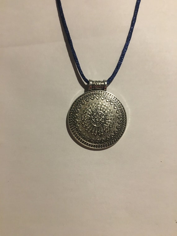 Round Medallion Necklace , Antique Silver , Satin… - image 1