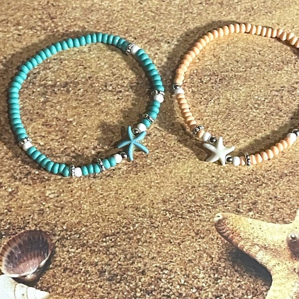 Beaded Starfish Anklet , Teal Beaded stretch Anklet , Peach Beaded stretch Anklet , CHOOSE