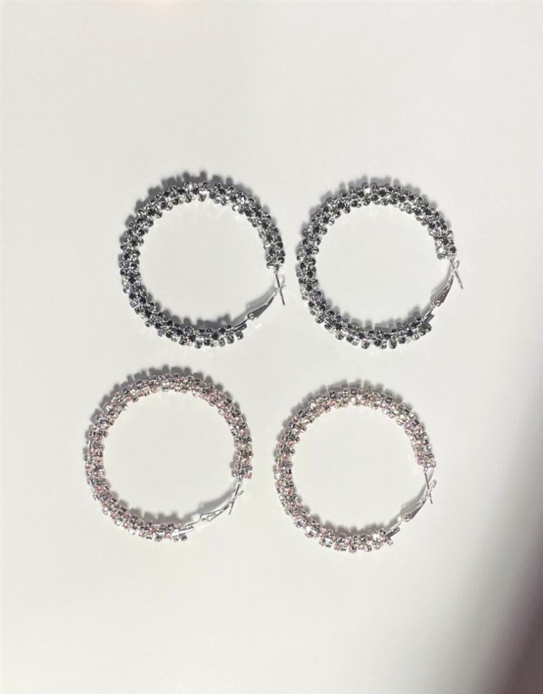 Large Crystal Rhinestone Glitter Hoop Earrings , Black and Silver ...