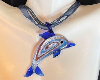 Murano Glass Dolphin Pendant Necklace , Ocean Necklace, Mammal Necklace , Fish Necklace , Blue , Red , Green , Yellow