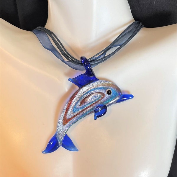 Murano Glass Dolphin Pendant Necklace , Ocean Necklace, Mammal Necklace , Fish Necklace , Blue , Red , Green , Yellow