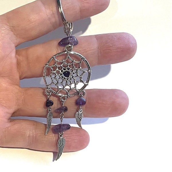 Amethyst Dreamcatcher Keychain , Spiritual Dream Catcher Keychain , Quartz Dream Catcher , Gemstone Keychain , Metal Feathers Keychain