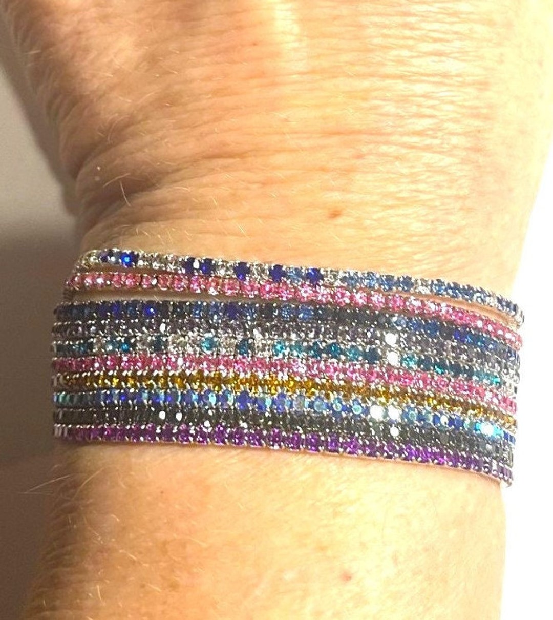 Dainty Crystal Iridescent Rhinestone Stretch 1 Row Bracelet , Crystal