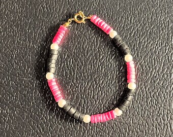 Puka Shell  Bracelet , Pink , Black Pearl Puka Shell  Bracelet , Beach Bracelet