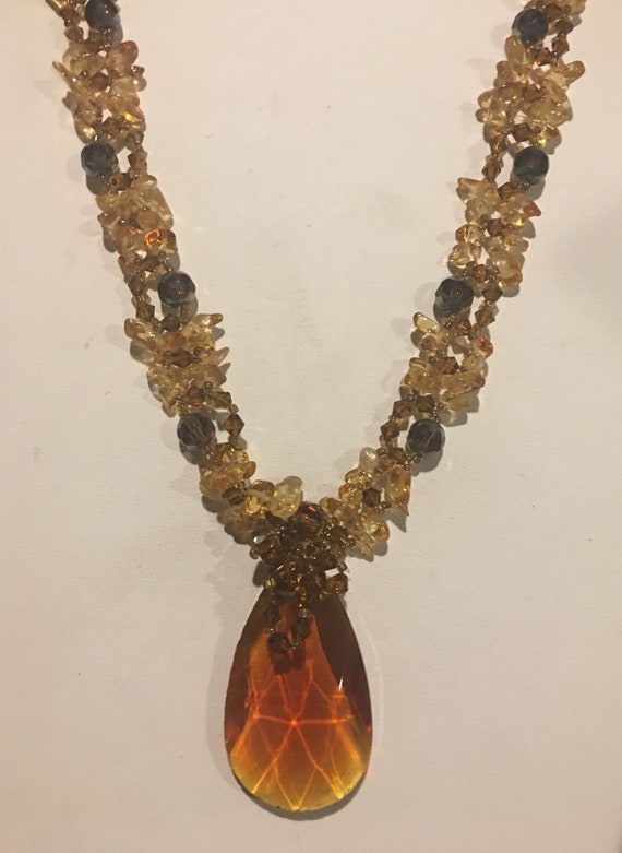 Chunky Teardrop Crystal Glass bead Necklace , Brow