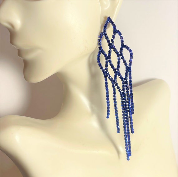 Long Blue Rhinestone Tassel Earrings , Rhinestone… - image 2