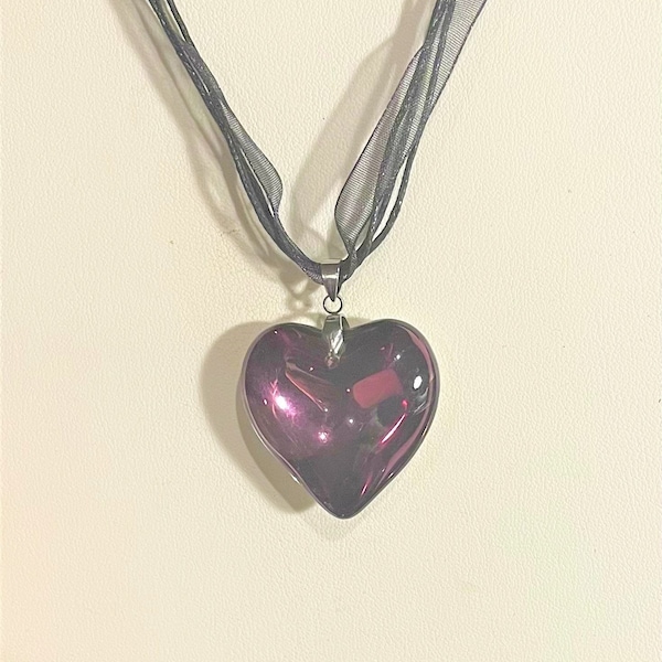 Large Purple Glass Heart Pendant Necklace , Large Heart Pendant Necklace , Ribbon Necklace