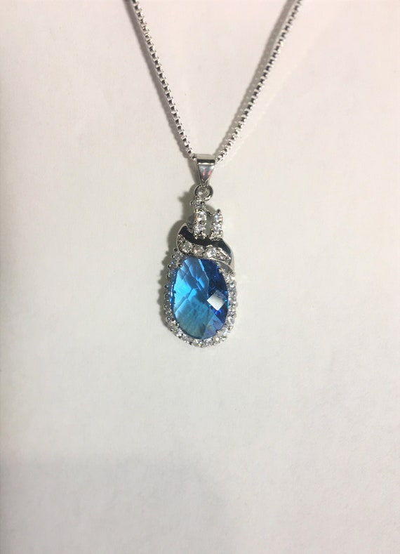 Large Oval Blue Sapphire Pendant Necklace , White… - image 1
