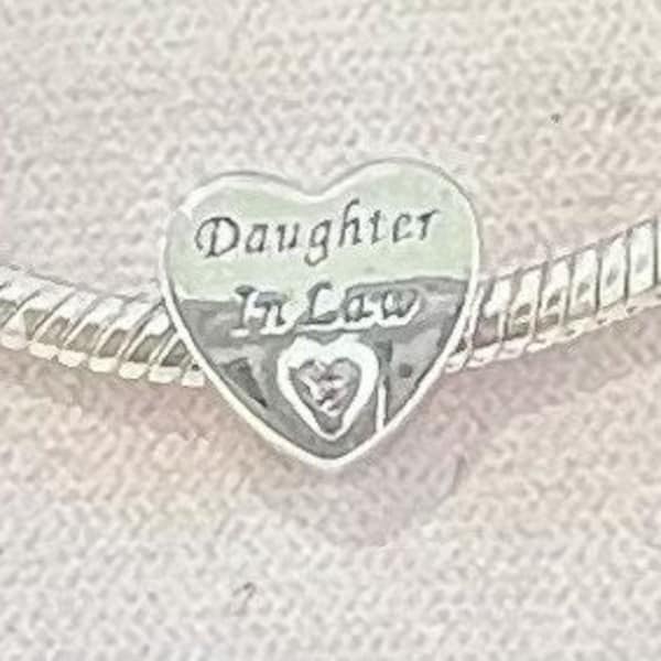 Daughter in Law Heart Charm fits Pandora Bracelet ,  Daughter in Law Charm ,  Daughter in Law CZ Heart Charm , 925 Sterling Silver