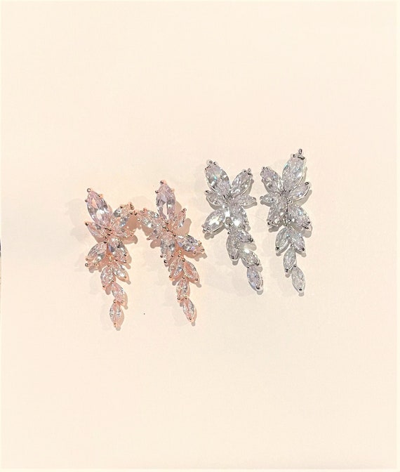 CZ Drop Earrings , Sparkling CZ Marquise Floral D… - image 1