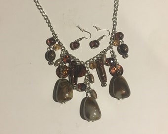 Beaded jewelry set, Multi Colored Brown Glazed Resin Beaded Crystal Glass Beaded adjustable Silver Necklace and Earrings