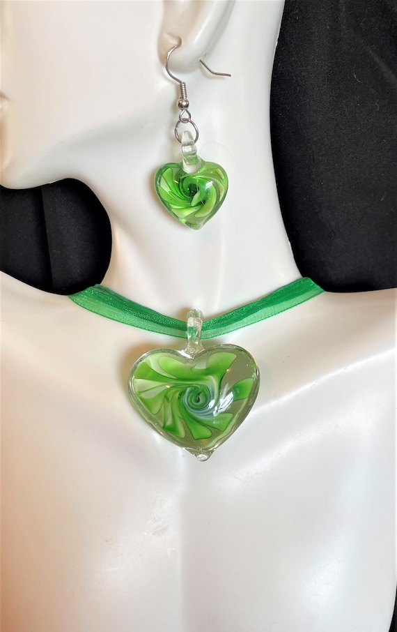 Murano Glass Flower Heart Pendant Necklace and Ear