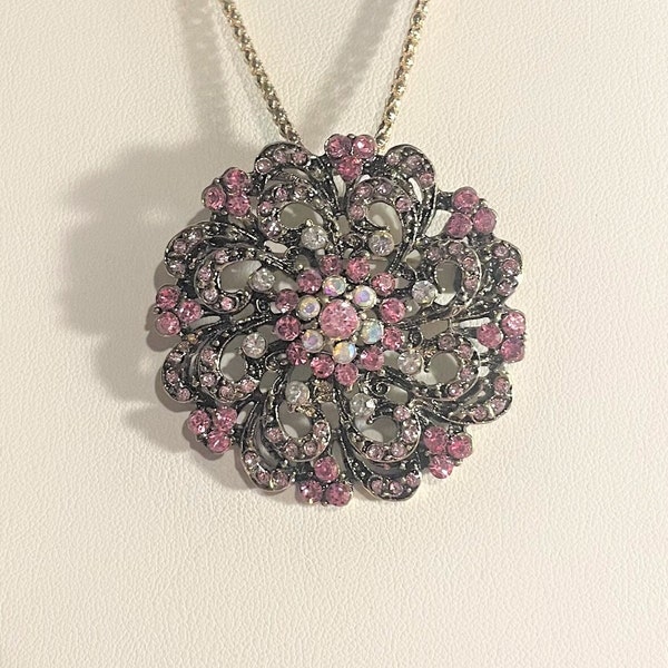 Vintage Betsey Johnson Pink Crystal Pendant Necklace , Brooch , Flower Pendant & Brooch , Floral Pendant ,Statement Necklace