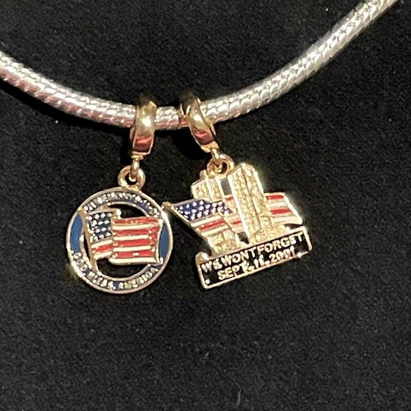 Commemorative 911 Dangle Charm fits Pandora Bracelet, Twin Towers ,In Memory, Patriotic, We Won't Forget ,September 11th,SS925,14 K Gold