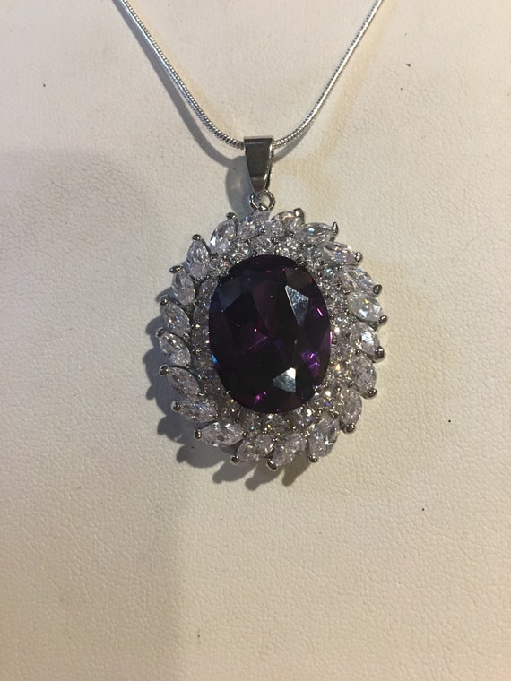 Large Purple Amethyst CZ Oval Pendant Necklace , R