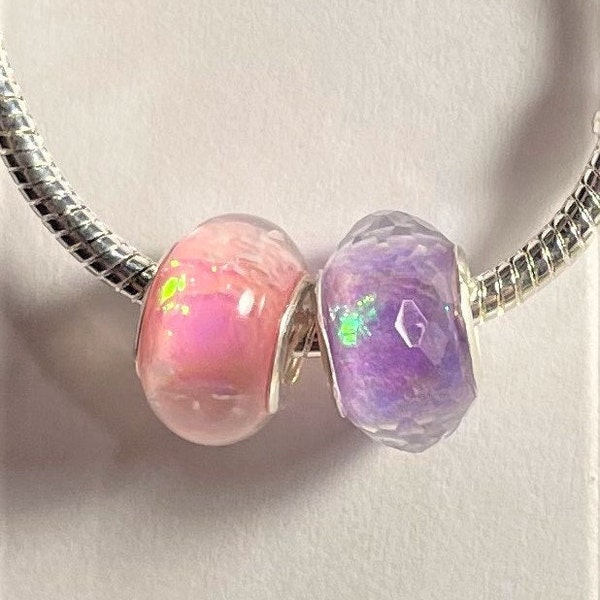 Murano Glass iridescent Glitter Spacer charm , Fits Pandora Bracelets , Purple Iridescent , Pink Iridescent , Mint Green