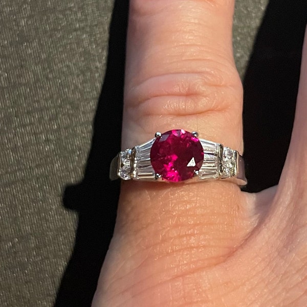 Round Ruby Red Ring & White Topaz  , White Gold Layered Size 6  and Size 6.25