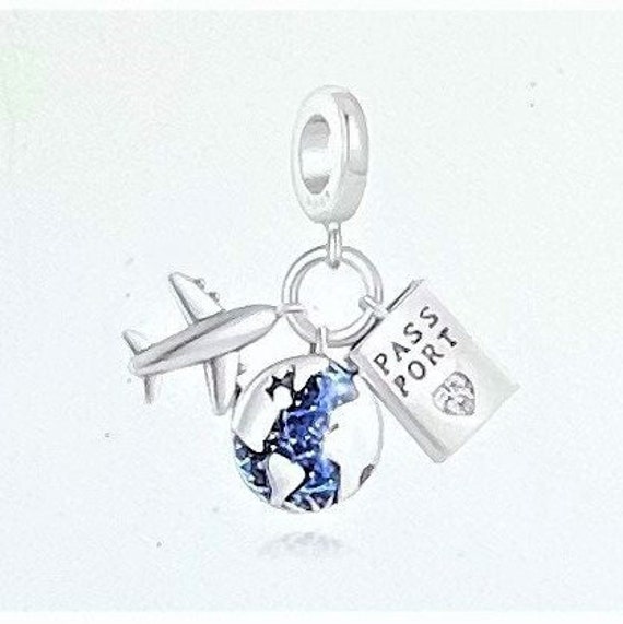 Airplane Passport Plane Globe Charm fits Pandora Bracelet , CZ , Dangle  Charm , Travel Charm , Transportation Charm , 925 Sterling Silver