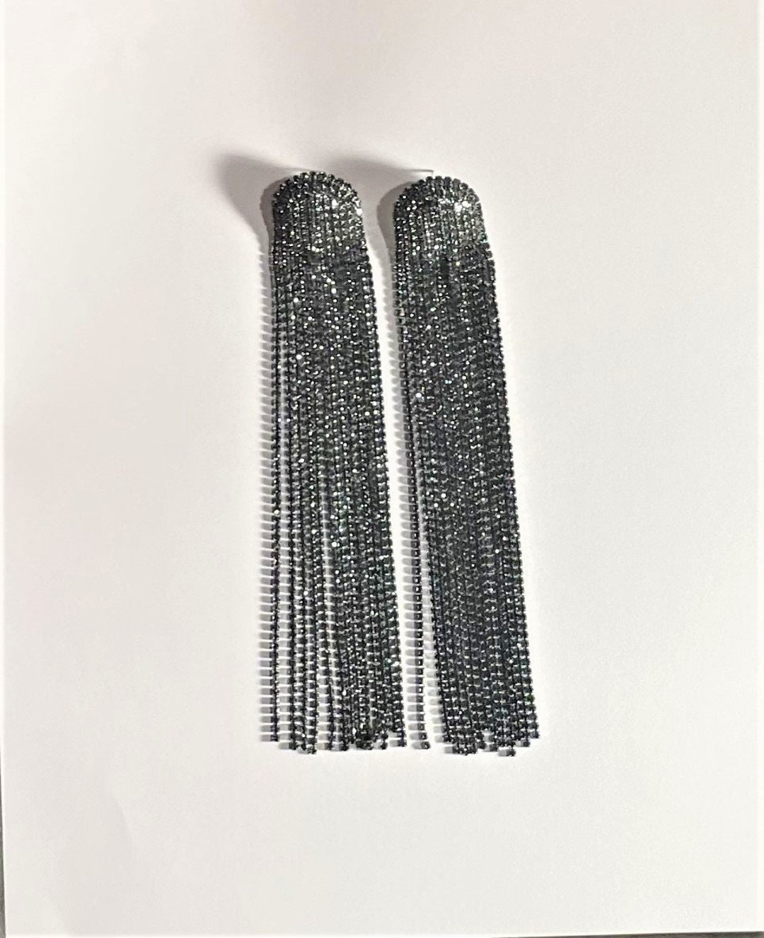 Long Black Rhinestone Tassel Statement Earrings , Sparkling 6 1/2 Extra Long Wide Tassel