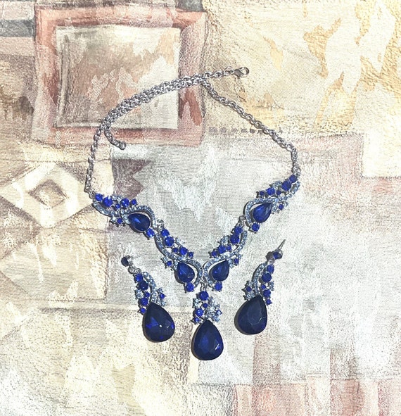 Deep Blue Necklace and Earrings Set , Blue Crysta… - image 1