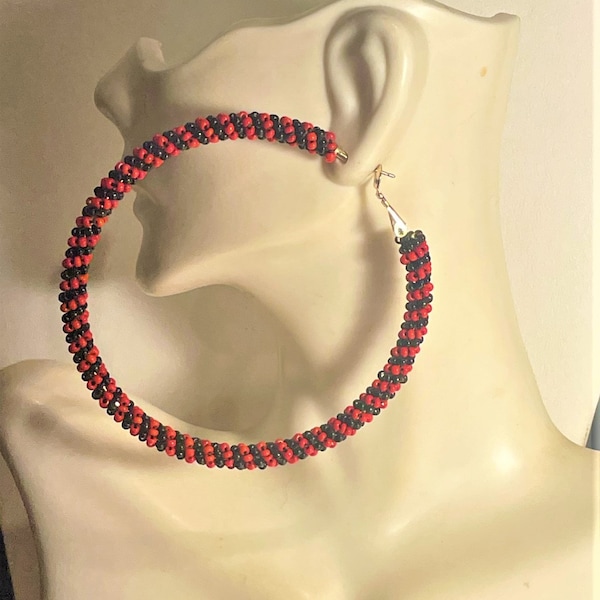 Large Red & Black Beaded Hoop Earrings , Beaded Hoop Earrings , Boho Earrings , Statement Earrings