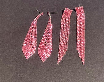 Pink Rhinestone Dangle Long Tassel Statement Earrings , 6 Row Rhinestone Chandelier Earrings , Bridesmaids Earrings , 3 1/2" , 4"