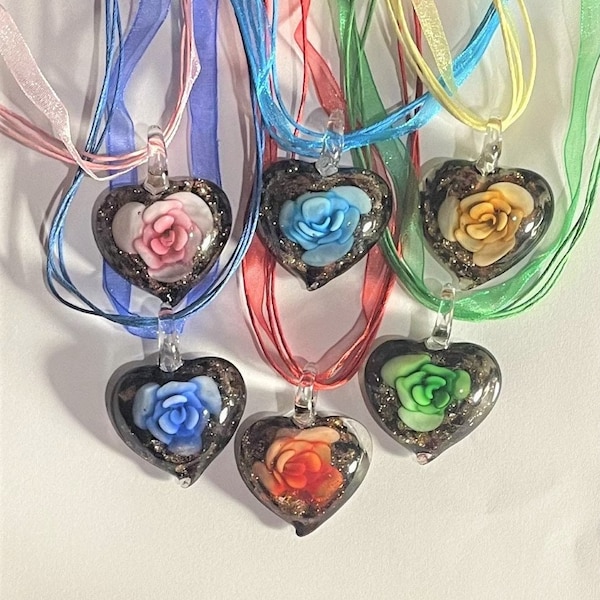 Murano Glass Flower Heart Necklace , Ribbon Necklace , Pink , Blue , Beige , Dark Blue , Green , Choose