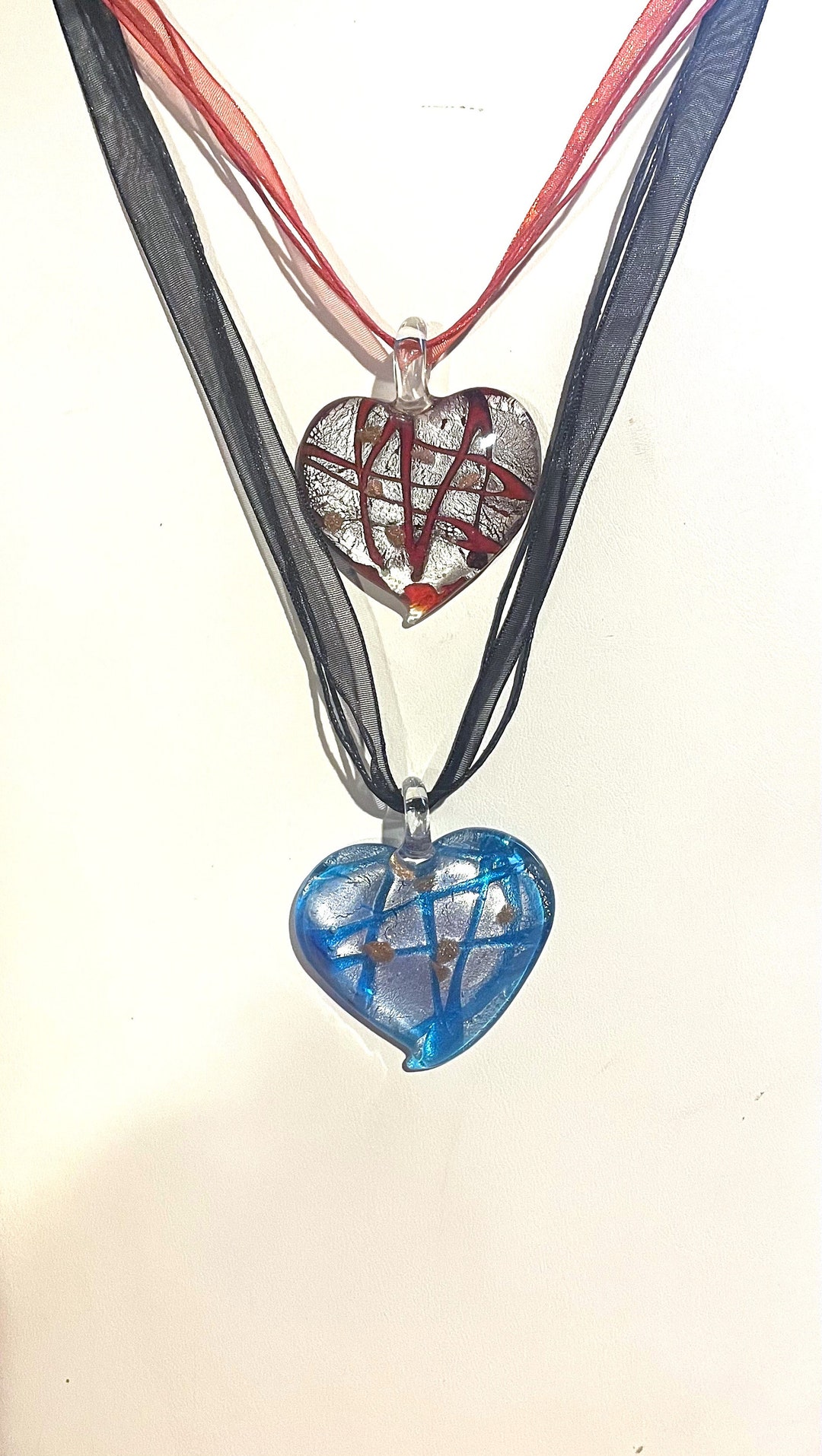 Murano Glass Heart Pendant Necklace - Handmade In Venice, Italy - Striped Silver Blue With Velvet Pouch