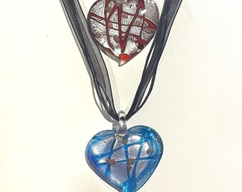 Murano Glass glitter foil Heart Pendant Necklace , Blue Glass Heart Pendant , Red Glass Heart Pendant , Ribbon Necklace